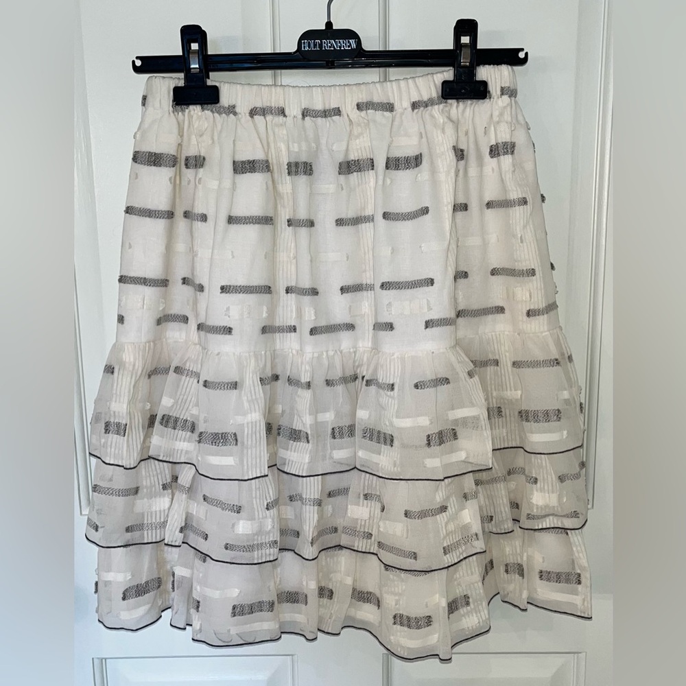 Druh Farrell white & grey linen cotton ruffled tiered skirt. Never worn. Sz 12